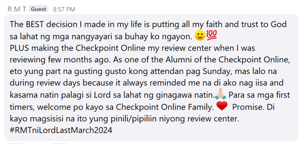 Screenshot of a heartfelt testimonial from a Registered Medical Technologist (RMT) expressing gratitude to God and appreciation for The CheckPoint Online review center, mentioning how the community reminded them that God is always with them during board exam preparation.